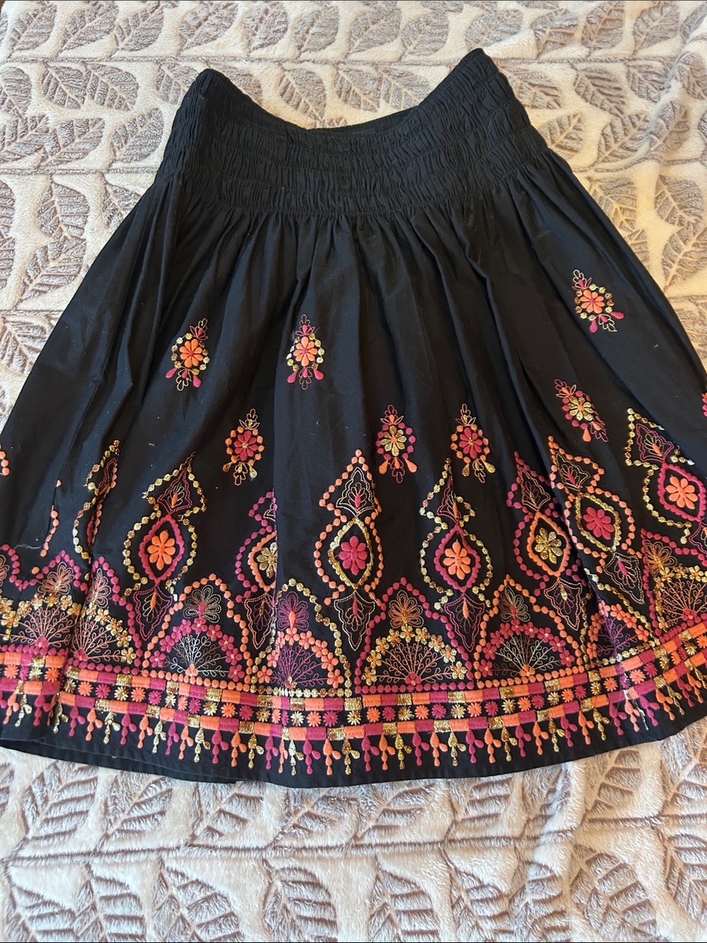 100 % Cotton French Connection Black A-Line Skirt with Pink & Orange Embroidery